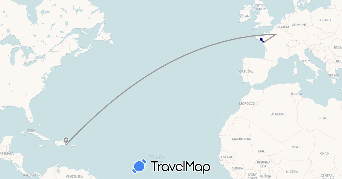 TravelMap itinerary: driving, plane in Dominican Republic, France (Europe, North America)